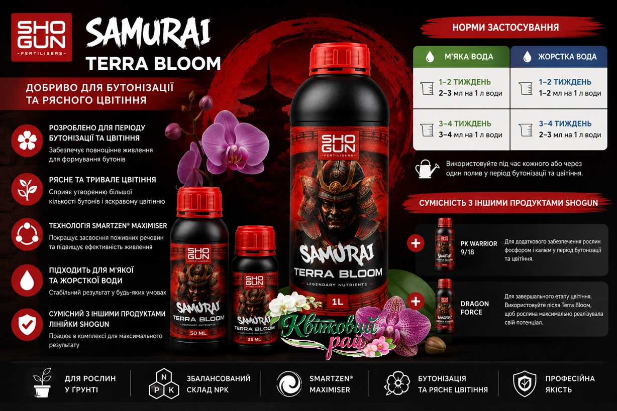 Shogun Samurai Terra Bloom (Шогун Самурай Терра Блум) – добриво для бутонізації та цвітіння рослин, фасування 25 мл, 50 мл та 1 л.